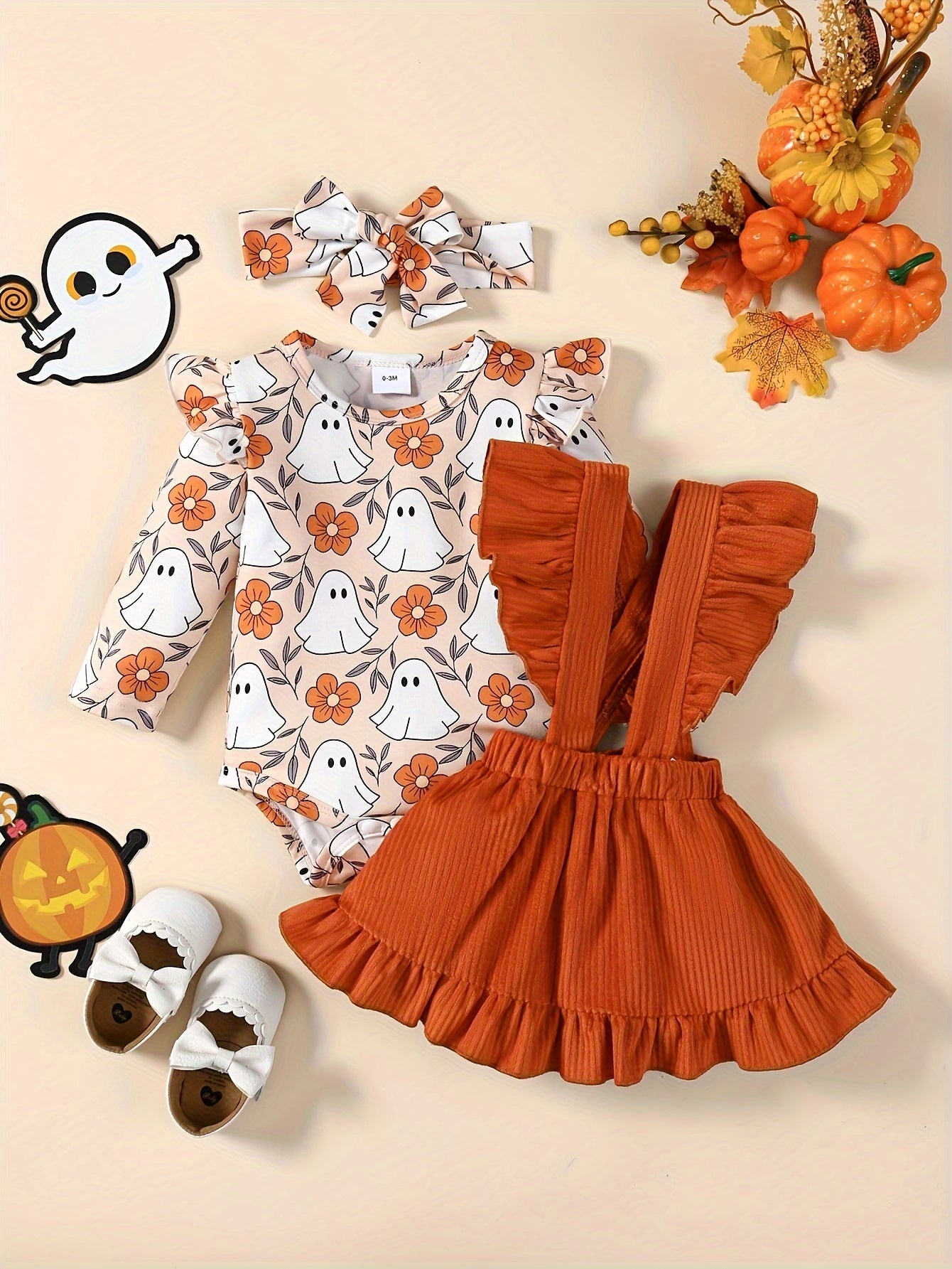 3 Pcs Baby Girl Halloween Outfit Pumpkin Print Jumpsuit, Ruffled Skirt & Headband Set