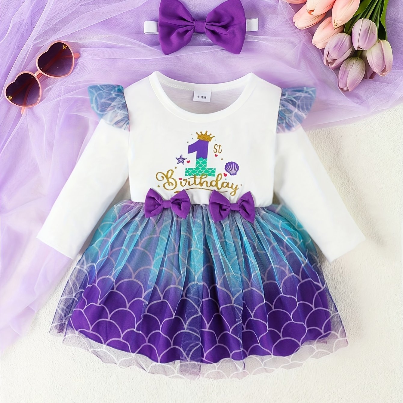 Baby Girl Long Sleeve Birthday Dress Color Block Purple & Blue Scales Knee-Length