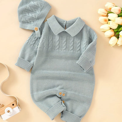 Unisex Infant Romper, Cotton Knit Gentleman Style Lapel Baby Jumpsuit With Hat Set