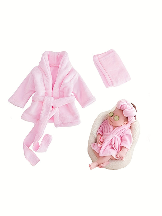 2 Pcs Newborn Baby Flannel Hooded Coat with Belt