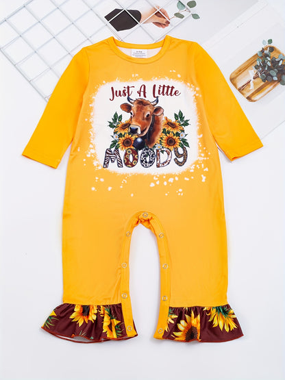 Autumn Western Cowboy Series Baby Girl's Cute Bodysuit With Leopard Cow Pattern Flower Letter...random Print