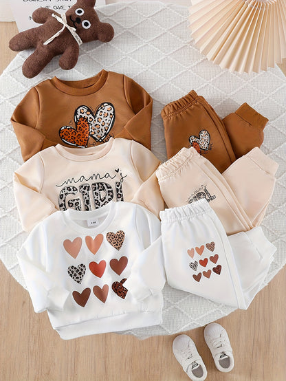 6-Piece Baby Girl Autumn Winter Outfit Leopard & Heart Print Pullover with Casual Pants