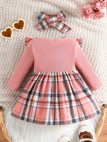 Baby Girl Ruffle Trim Plaid Long Sleeve Dress & Headband Set