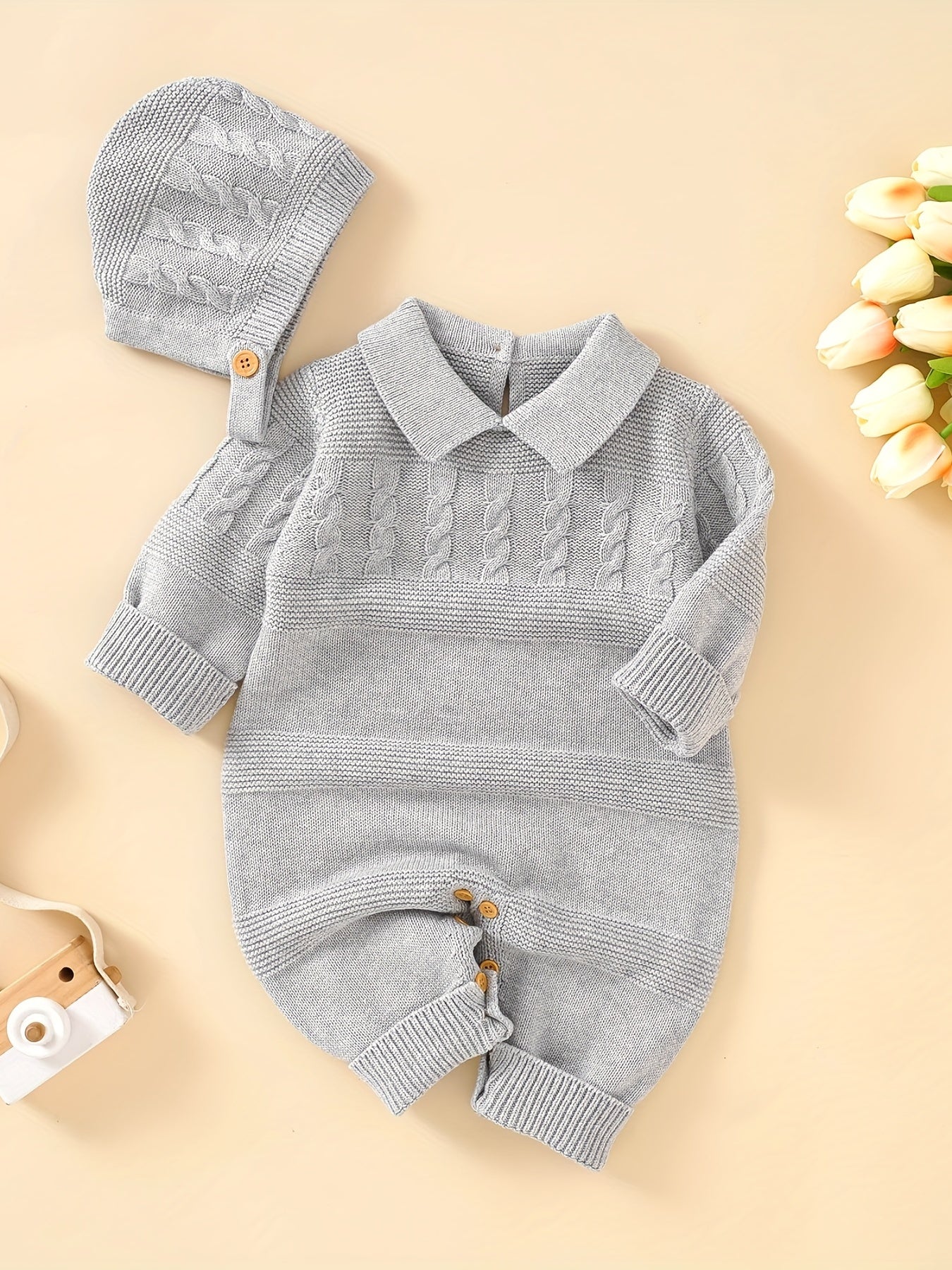 Unisex Infant Romper, Cotton Knit Gentleman Style Lapel Baby Jumpsuit With Hat Set