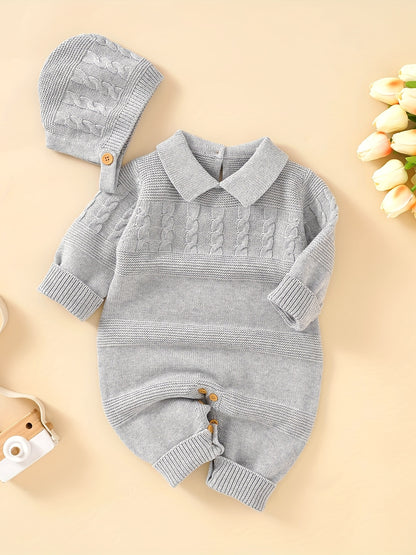 Unisex Infant Romper, Cotton Knit Gentleman Style Lapel Baby Jumpsuit With Hat Set