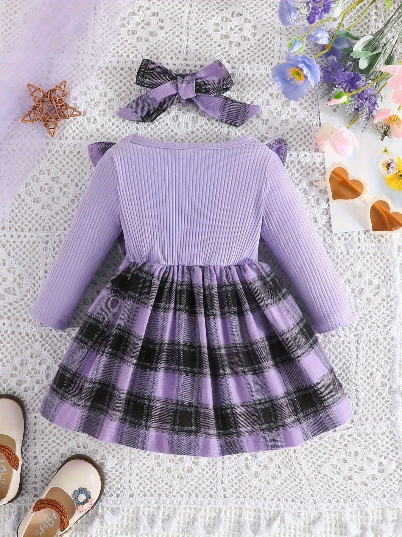 Baby Girl Ruffle Trim Plaid Long Sleeve Dress & Headband Set