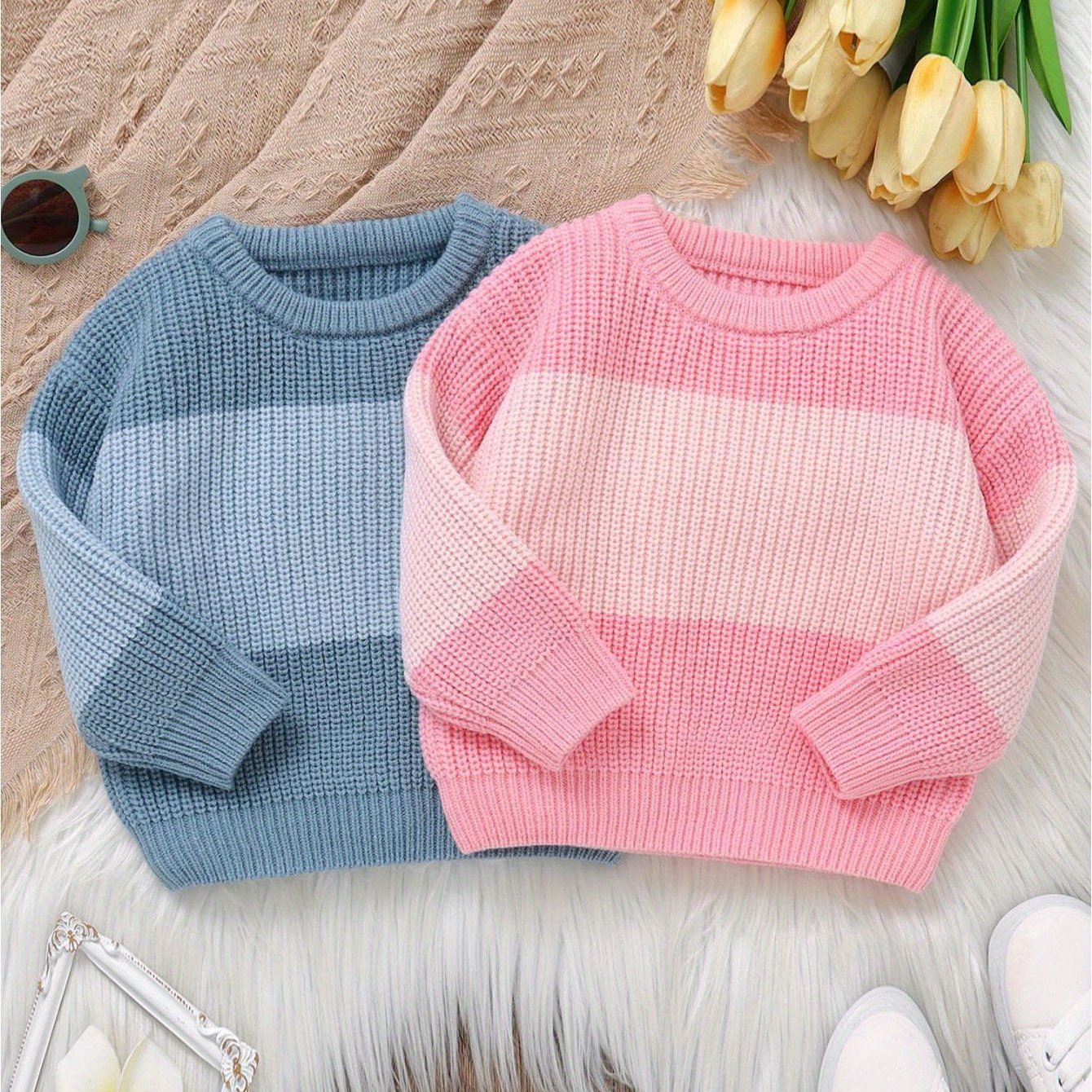 Baby Knit Sweater Long Sleeve Striped Contrast Color Pullover