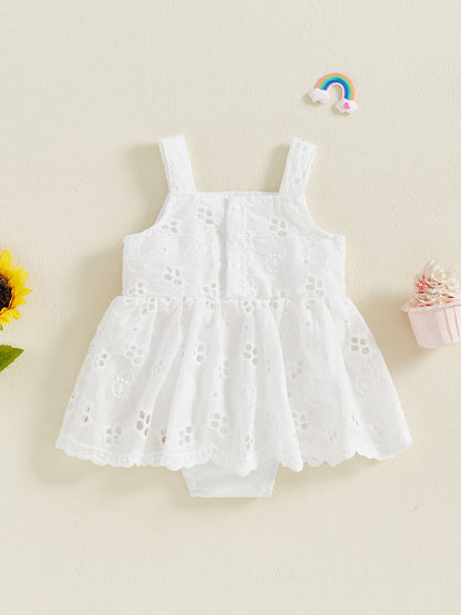 White Sleeveless Baby Girl Romper Dress 3D Floral Skirt Hem Golden Belt Summer Outfit