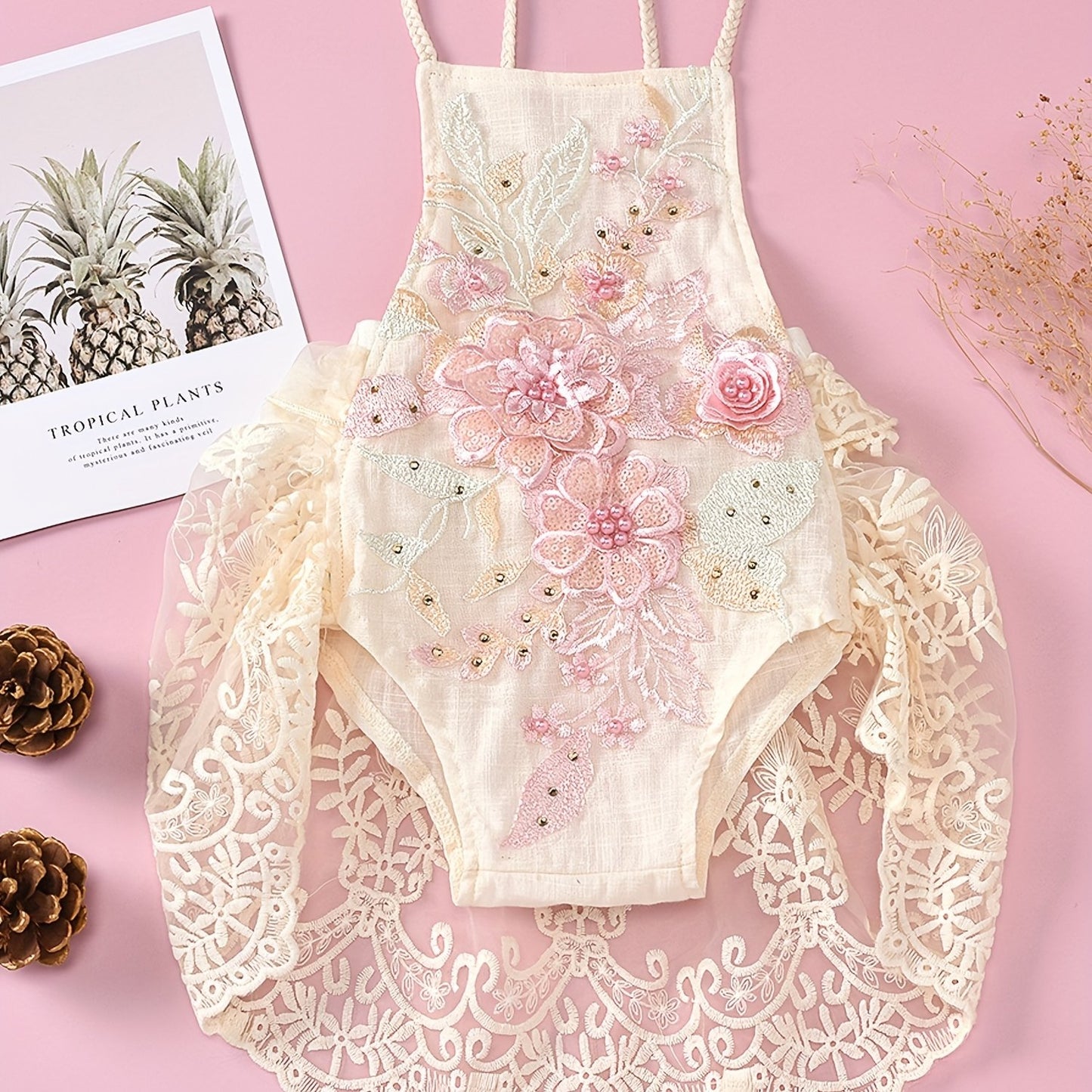 Baby Girl Princess Dress Lace Backless Tutu Bodysuit with Flower Decor