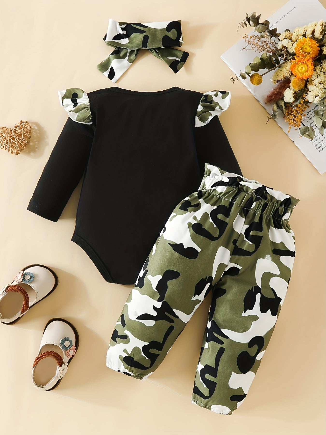 Baby Girls Cute Letter For Love Print Long Sleeve Creeper Romper + Camouflage Trousers + Headwear 3pcs Set, Outdoor Cloth