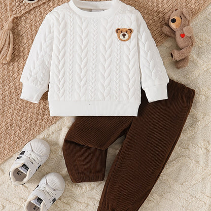 2-Pack Baby Boy Bear Embroidered Sweatshirt & Corduroy Trousers Set