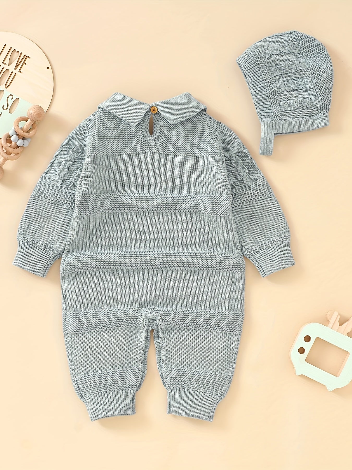 Unisex Infant Romper, Cotton Knit Gentleman Style Lapel Baby Jumpsuit With Hat Set