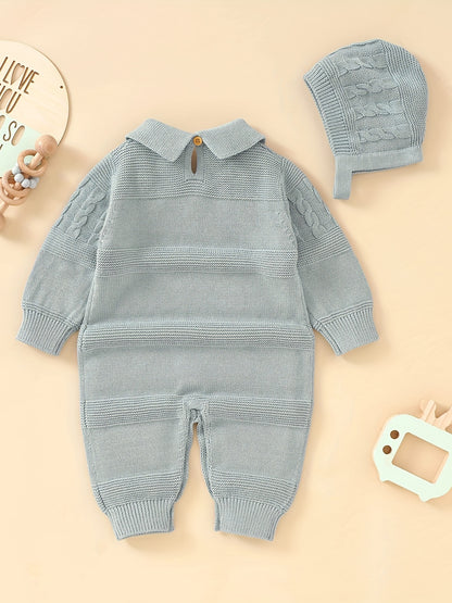 Unisex Infant Romper, Cotton Knit Gentleman Style Lapel Baby Jumpsuit With Hat Set