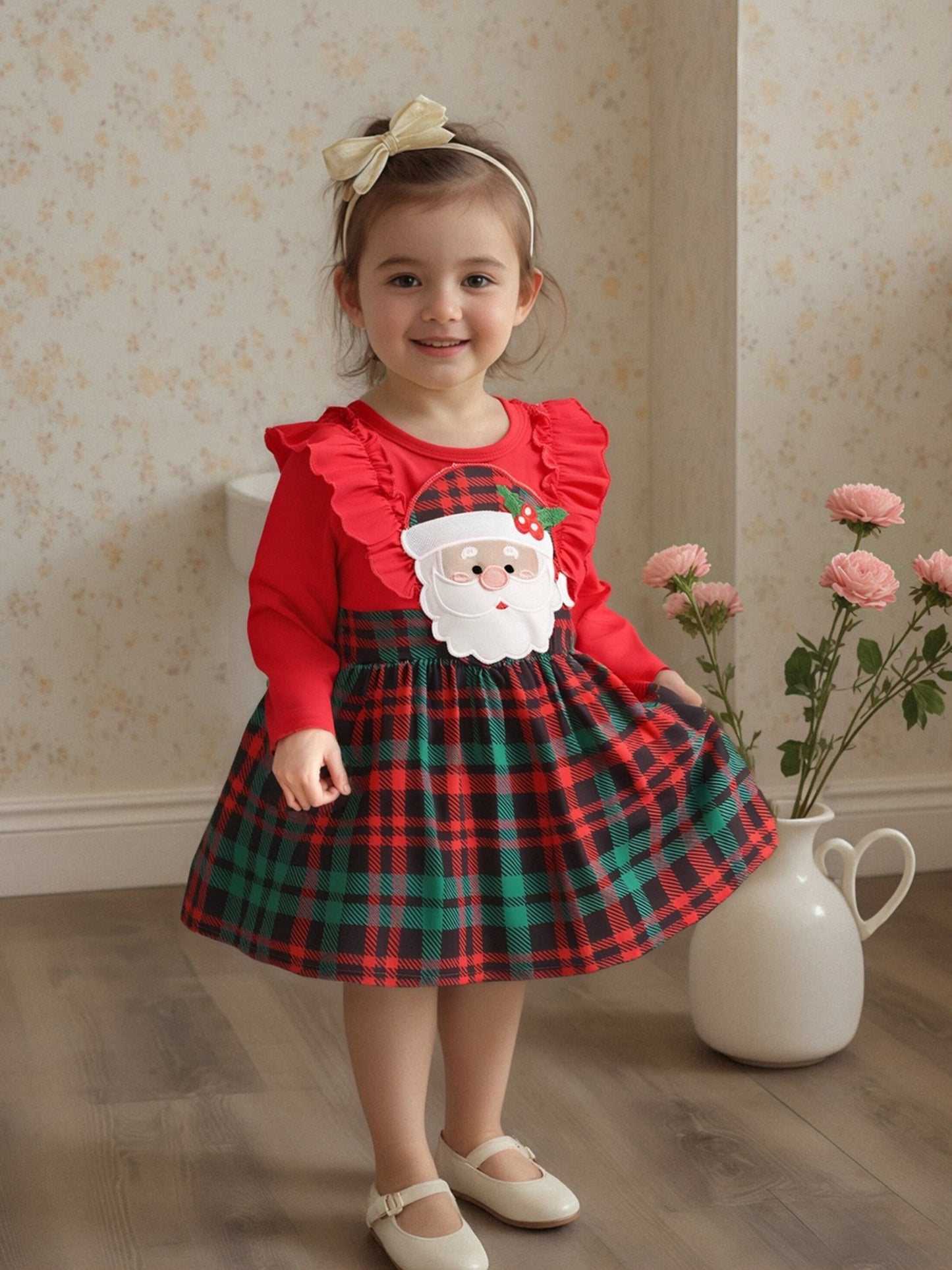 Baby Girl Christmas Dress with Santa Hat Plaid Skirt Long Sleeve A-Line Outfit