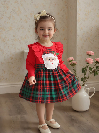 Baby Girl Christmas Dress with Santa Hat Plaid Skirt Long Sleeve A-Line Outfit