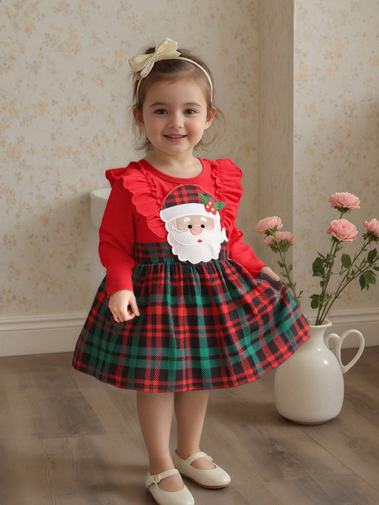 Baby Girl Christmas Dress with Santa Hat Plaid Skirt Long Sleeve A-Line Outfit