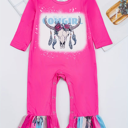 Autumn Western Cowboy Series Baby Girl's Cute Bodysuit With Leopard Cow Pattern Flower Letter...random Print
