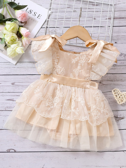 Baby Girl Fly Sleeve Lace Mesh Onesie Dress with Bowknot Decor