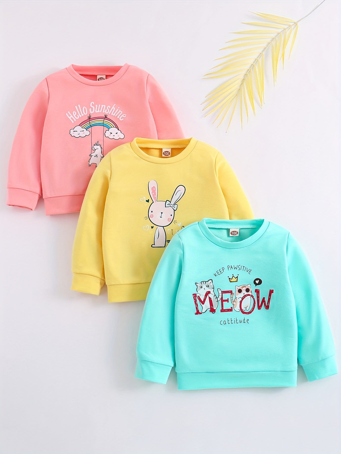 3 Pcs Baby Girl Cartoon Print Sweatshirt Rabbit Unicorn Kitten