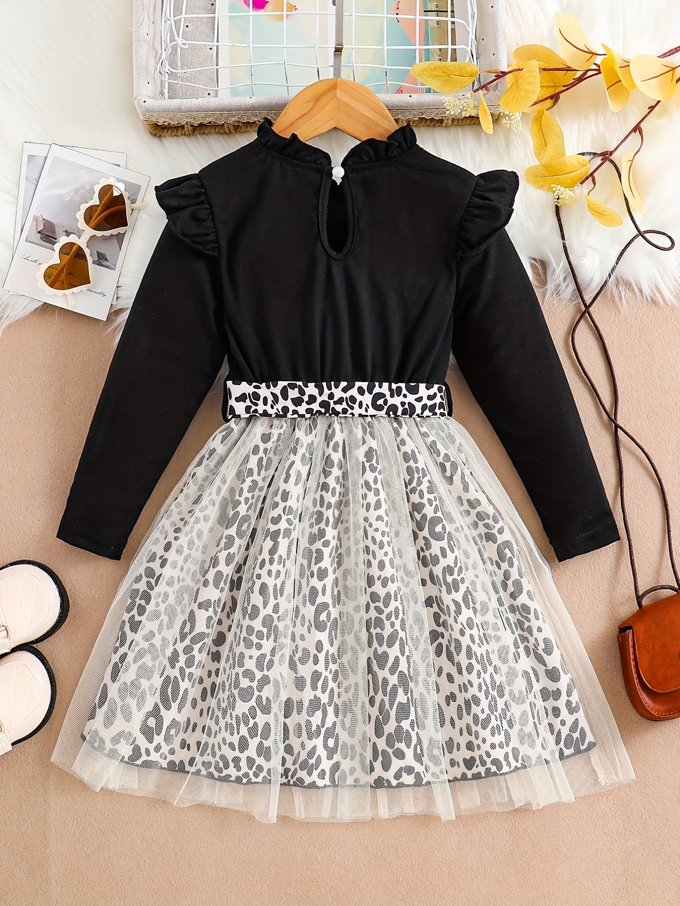 Baby Girl Leopard Print Mesh Dress with Bowknot Belt Long Sleeve Ruffle Trim