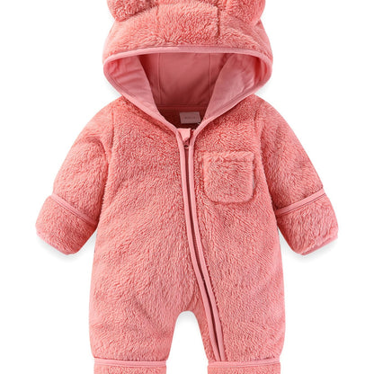 Newborn Baby Winter Fleece Hooded Romper with Mittens Plush Lined Jumpsuit