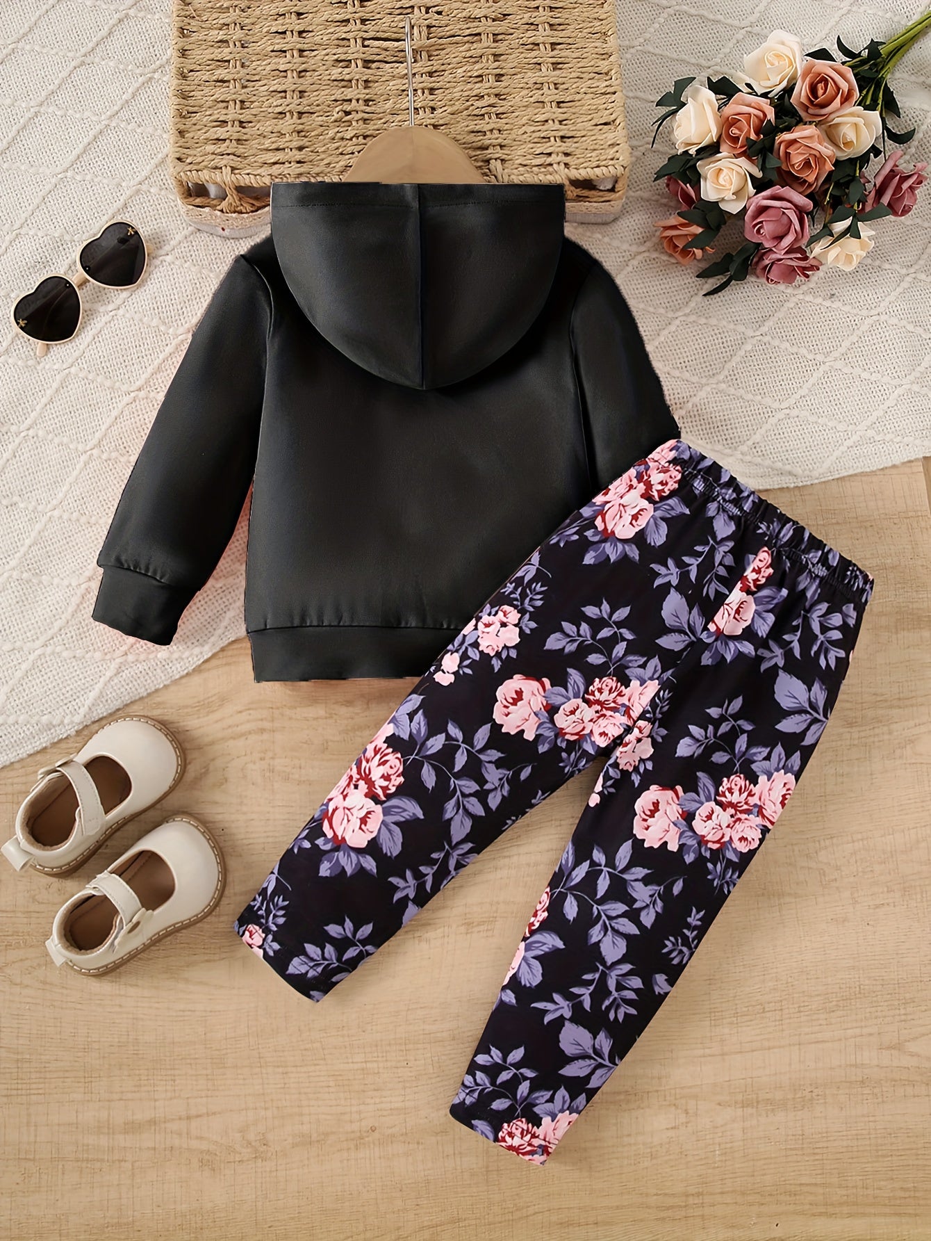 Baby Girl 2-Piece Pants Set Rose Flower Hooded Sweatshirt & Slim Print Trousers