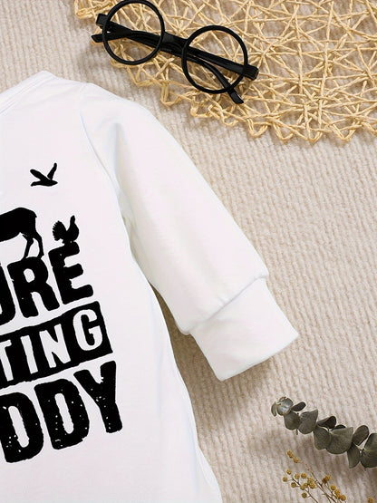 Baby Romper "Future Hunting Buddy" Black Polyester Deer & Bird Print