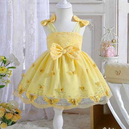 Baby Girl Summer Dress Embroidered 3D Butterfly Mesh Suspender Bow Princess Skirt