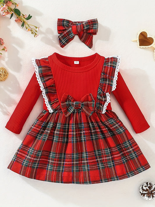 Baby Girl Ruffle Trim Plaid Long Sleeve Dress & Headband Set