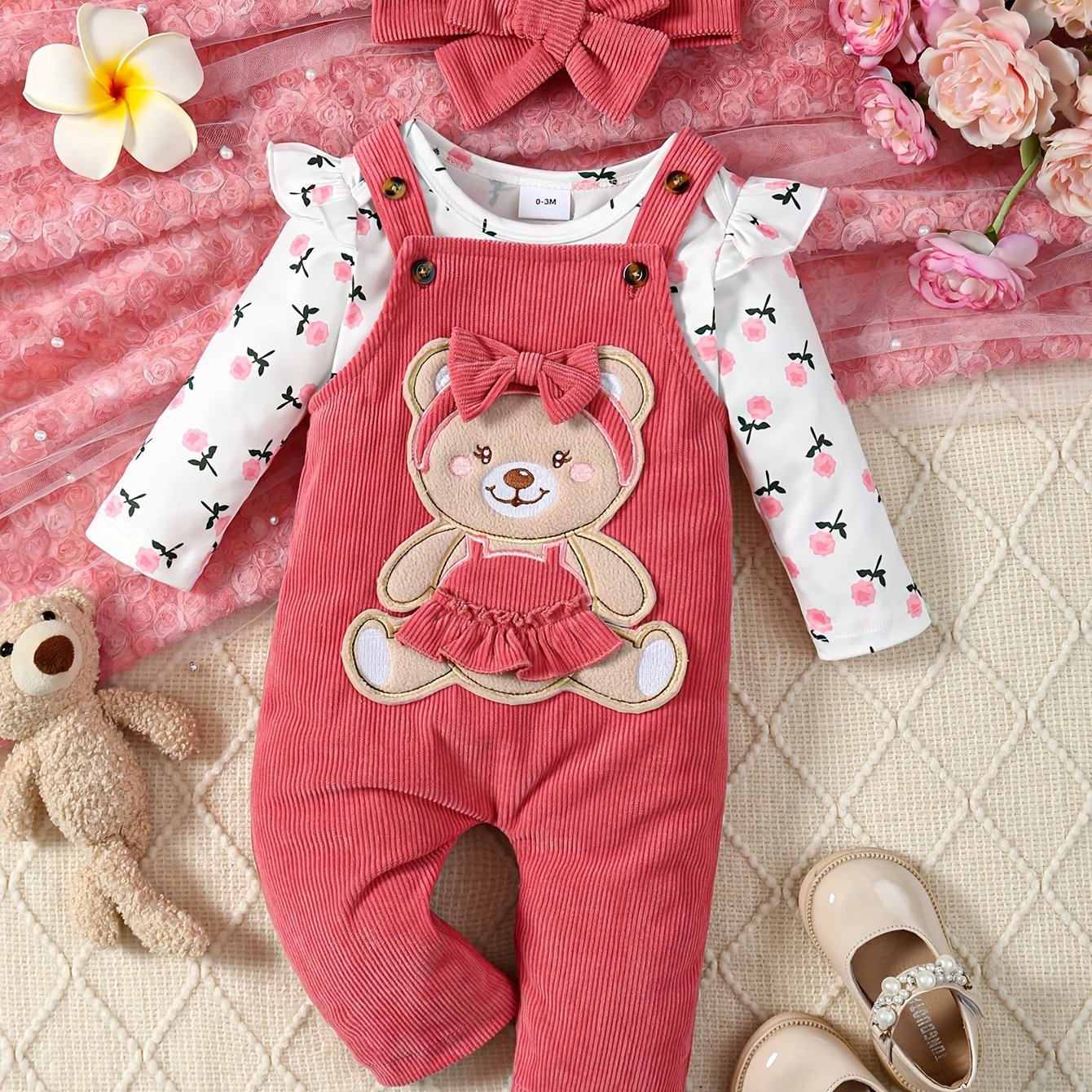 2 Pcs Baby Girl Outfit Floral Long Sleeve Jumpsuit with Teddy Bear Corduroy Pants & Headband