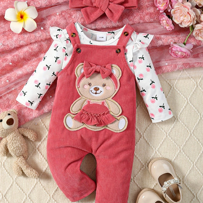 2 Pcs Baby Girl Outfit Floral Long Sleeve Jumpsuit with Teddy Bear Corduroy Pants & Headband