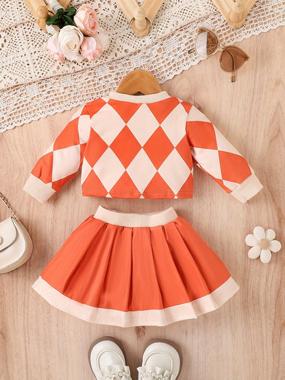 Baby Girl Diamond Pattern College-Style Jacket & Pleated Skirt Two-Piece Set