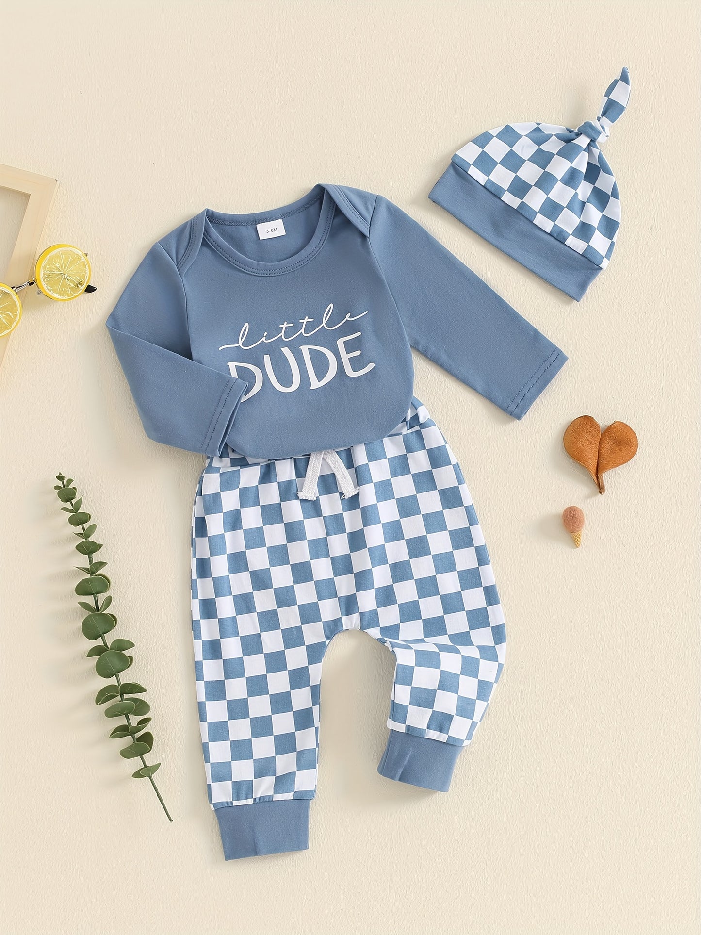 Baby Boy 3-Piece Outfit Letter Print Long Sleeve Romper Pants & Hat