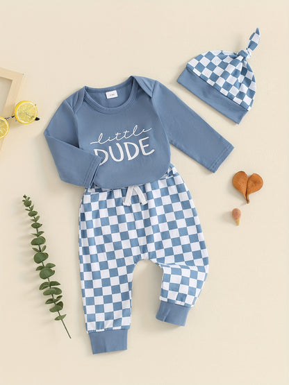 Baby Boy 3-Piece Outfit Letter Print Long Sleeve Romper Pants & Hat