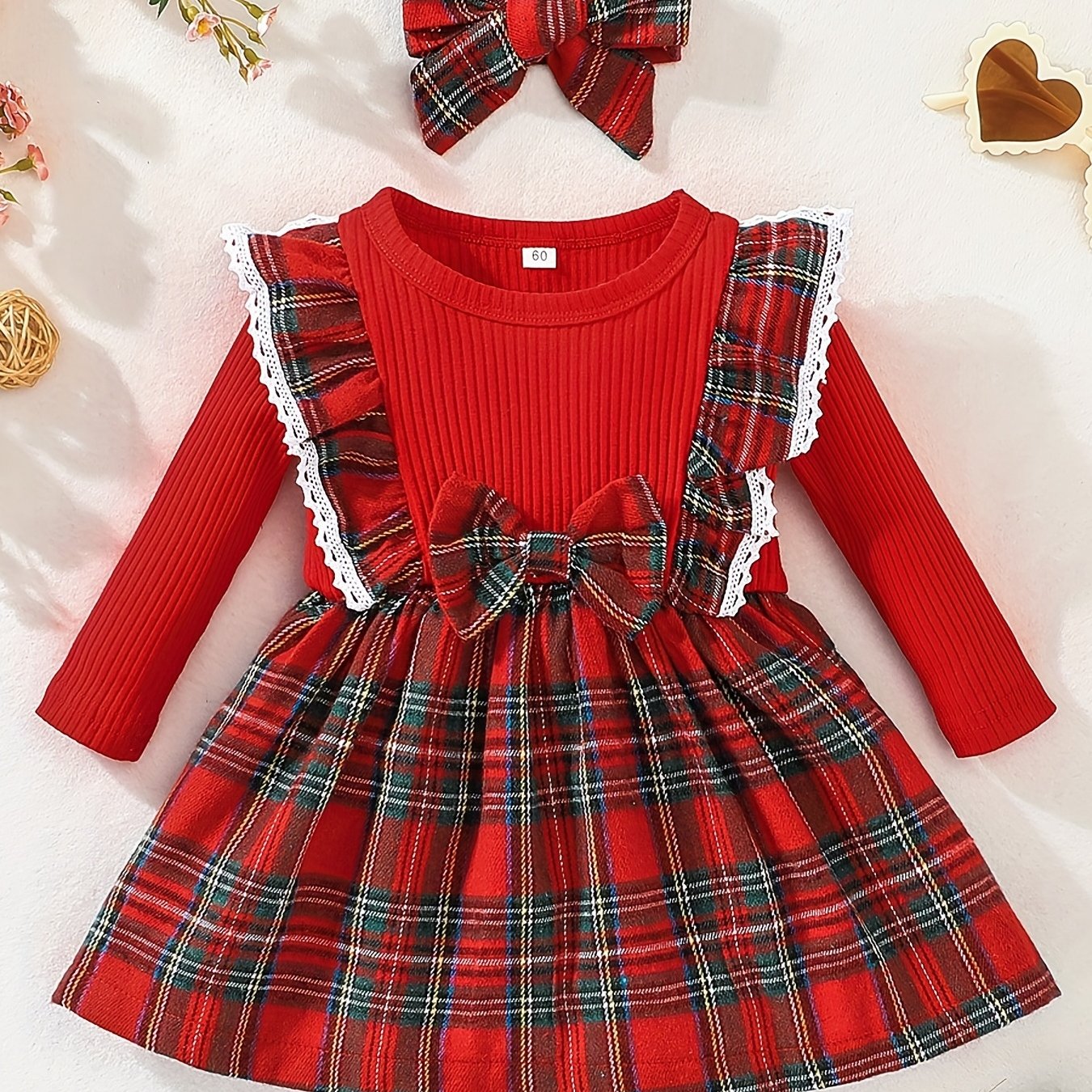 Baby Girl Ruffle Trim Plaid Long Sleeve Dress & Headband Set