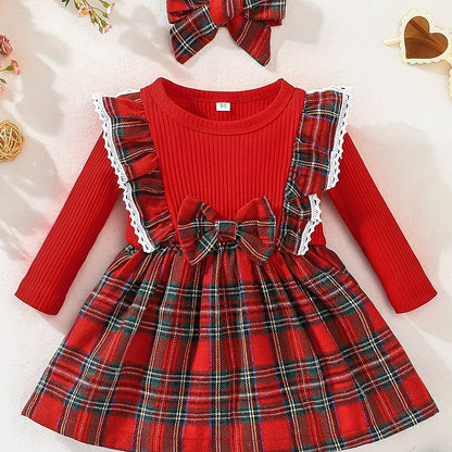 Baby Girl Ruffle Trim Plaid Long Sleeve Dress & Headband Set