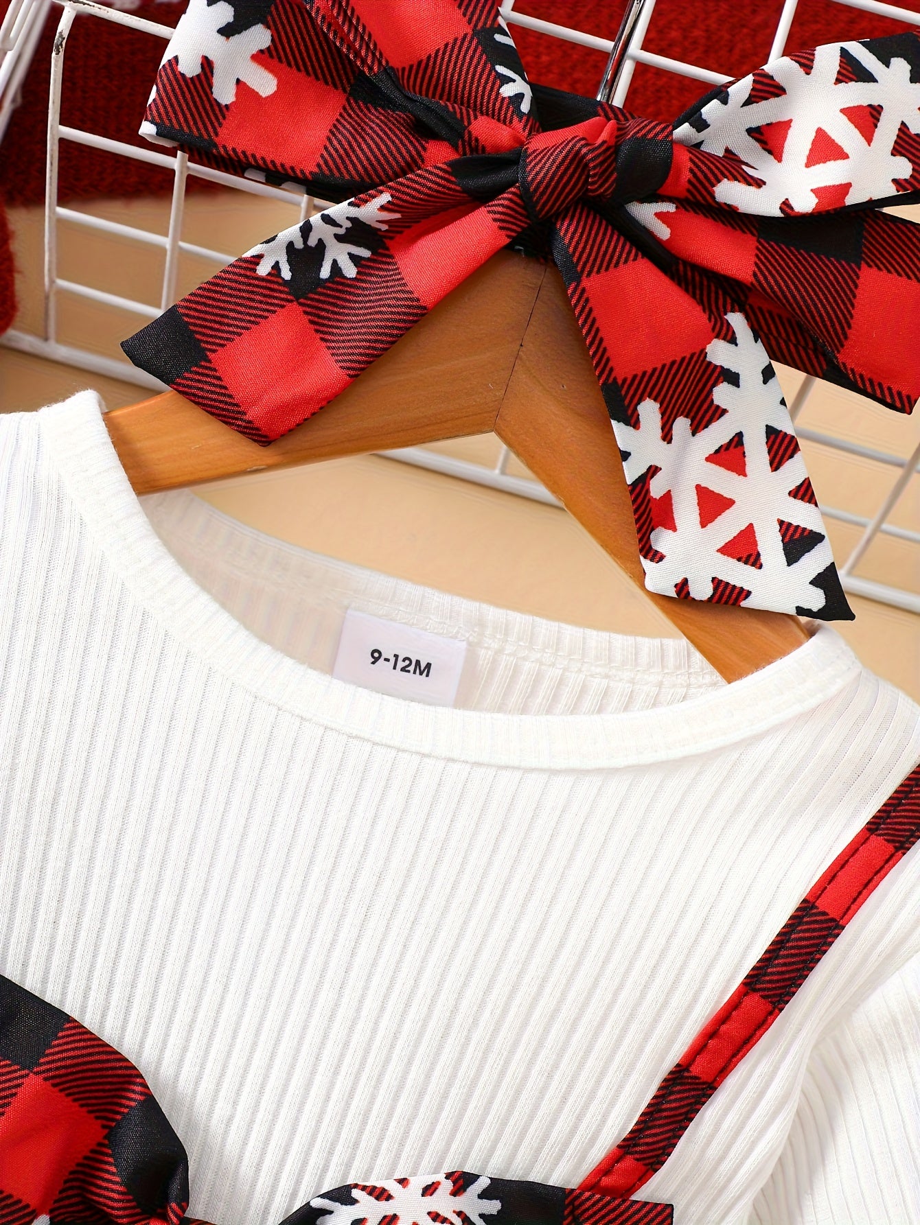 Baby Christmas Two-Piece Outfit Bow Snowflake Plaid Dress with Headscarf