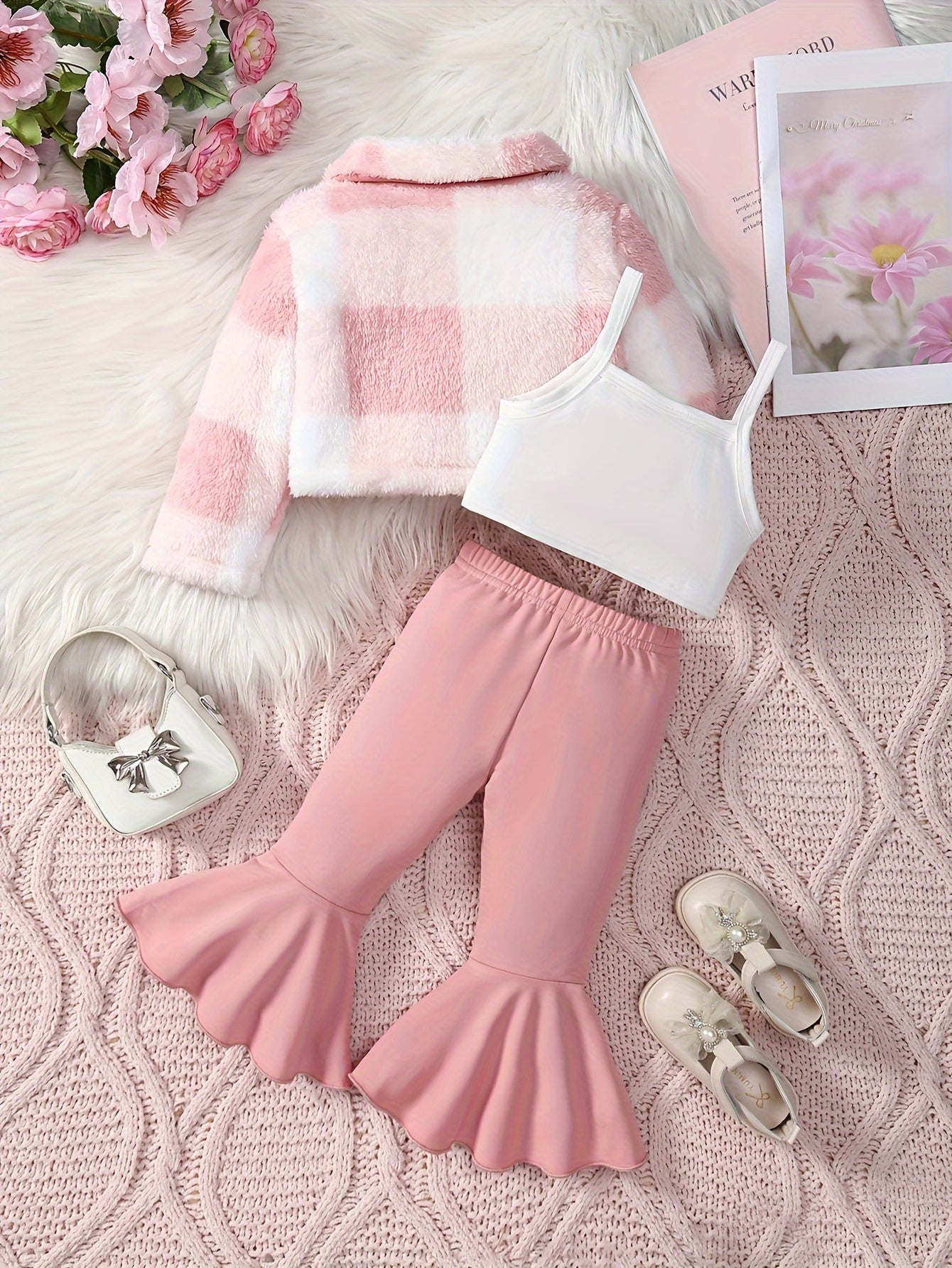 3 Pcs Baby Girl Outfit Camisole Vest Plush Plaid Jacket & Horn Pants