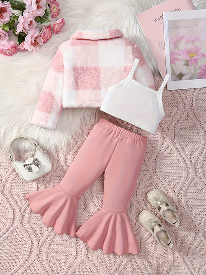 3 Pcs Baby Girl Outfit Camisole Vest Plush Plaid Jacket & Horn Pants