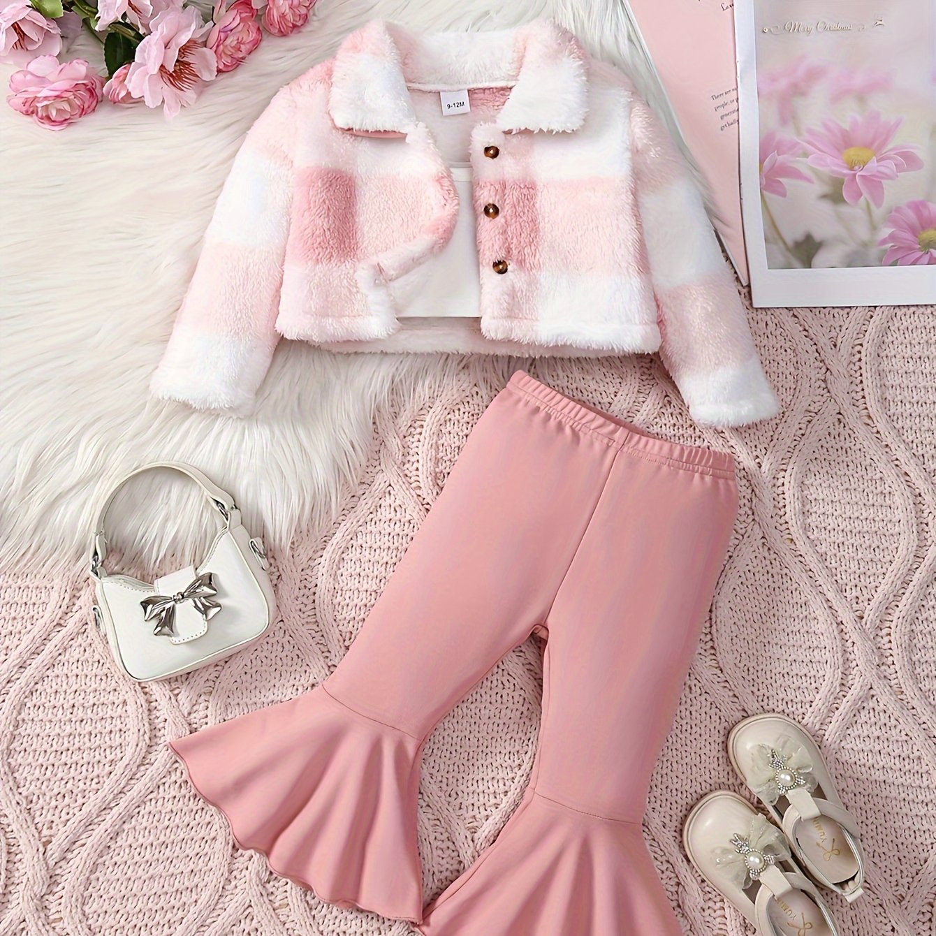 3 Pcs Baby Girl Outfit Camisole Vest Plush Plaid Jacket & Horn Pants