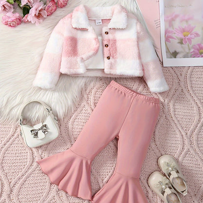 3 Pcs Baby Girl Outfit Camisole Vest Plush Plaid Jacket & Horn Pants