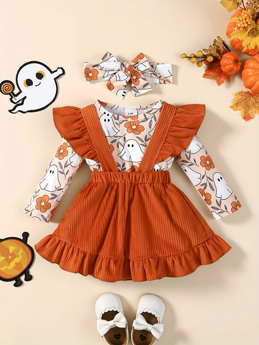 3 Pcs Baby Girl Halloween Outfit Pumpkin Print Jumpsuit, Ruffled Skirt & Headband Set
