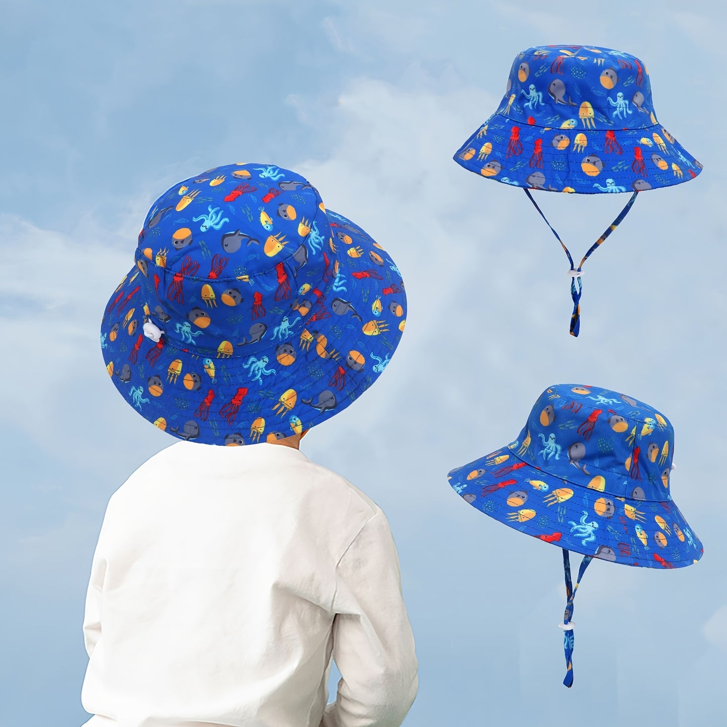 Baby Bucket Hat Solid Color Animal Dinosaur Octopus Print Wide Brim Sunscreen