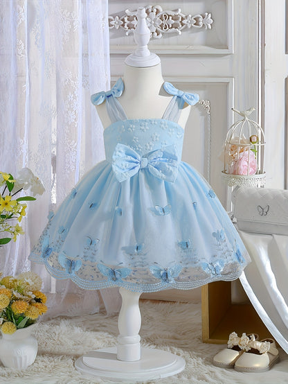 Baby Girl Summer Dress Embroidered 3D Butterfly Mesh Suspender Bow Princess Skirt