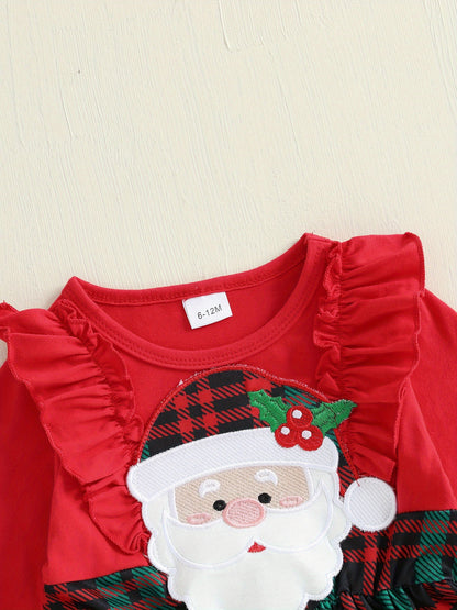 Baby Girl Christmas Dress with Santa Hat Plaid Skirt Long Sleeve A-Line Outfit