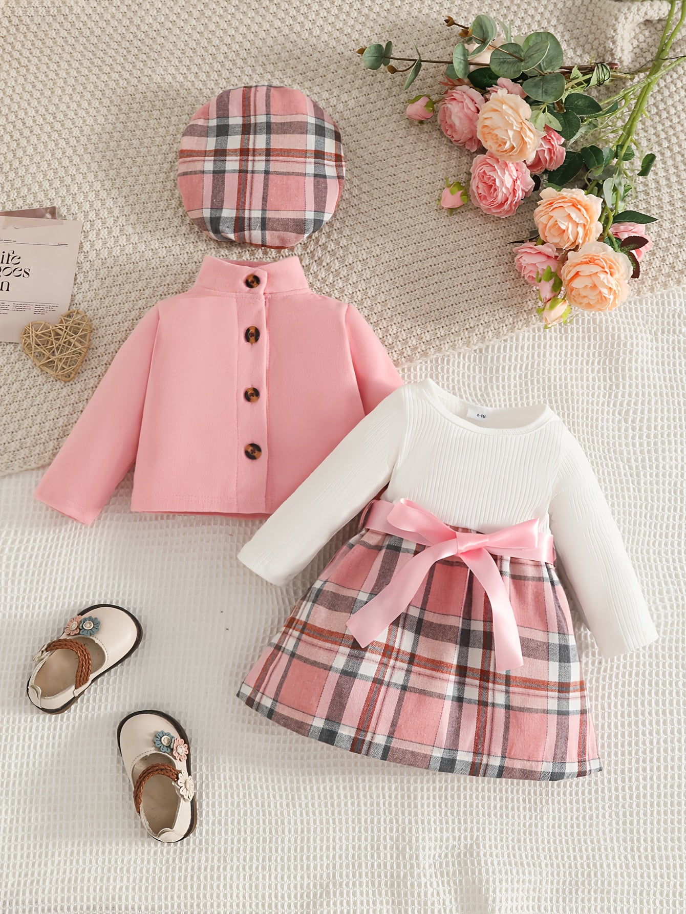 Baby Two-Piece Outfit Short Jacket & Long-Sleeve Plaid Dress with Beret