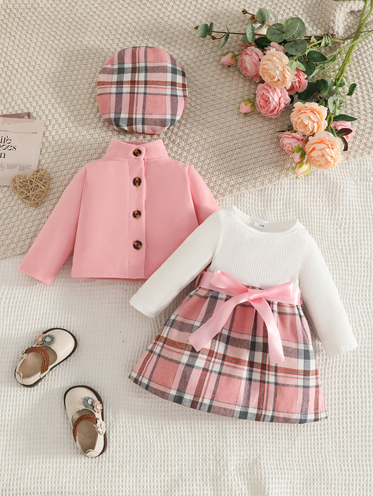 Baby Two-Piece Outfit Short Jacket & Long-Sleeve Plaid Dress with Beret