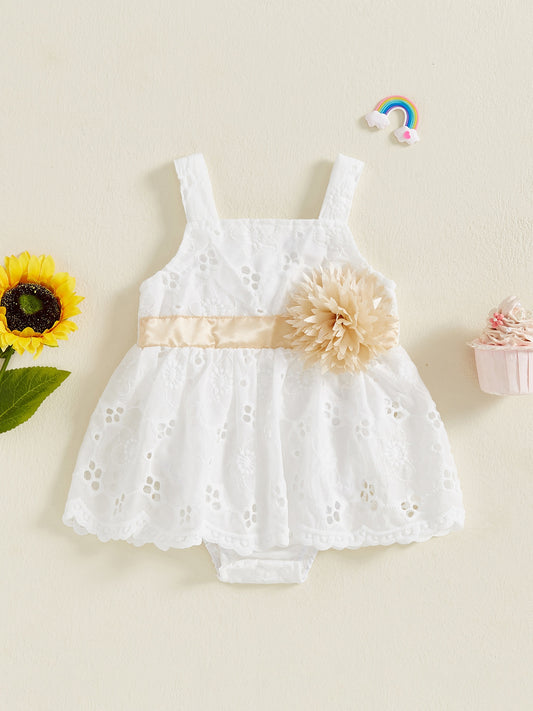 White Sleeveless Baby Girl Romper Dress 3D Floral Skirt Hem Golden Belt Summer Outfit
