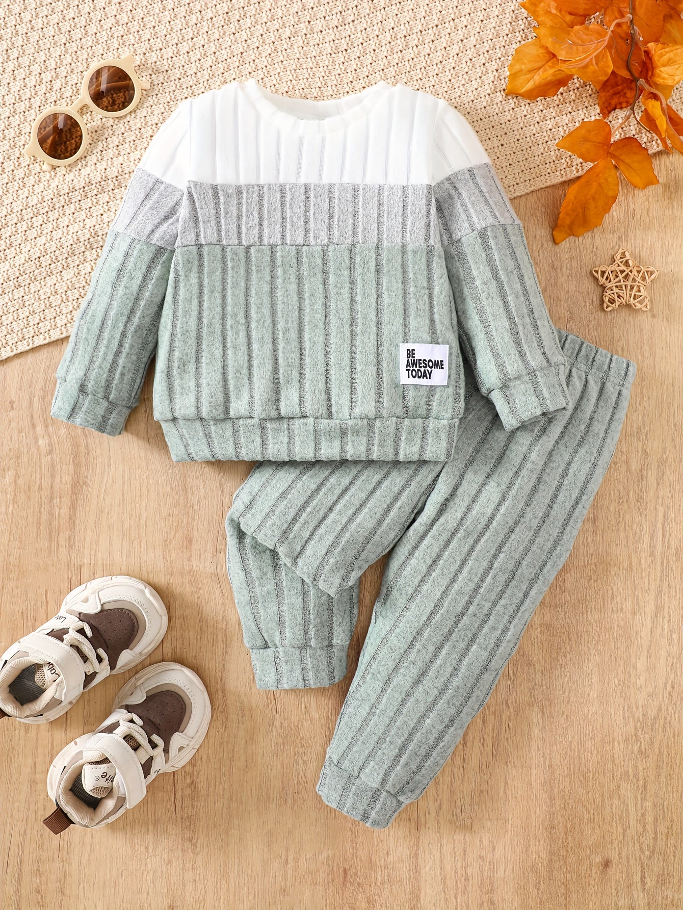 Baby Girl Pit Stripe Contrast Long Sleeve Top & Pants Winter Outfit