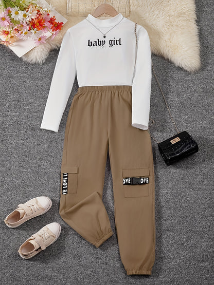 2-Piece Baby Girl Color Clash Top & Cargo Pants Set Alphabet Print